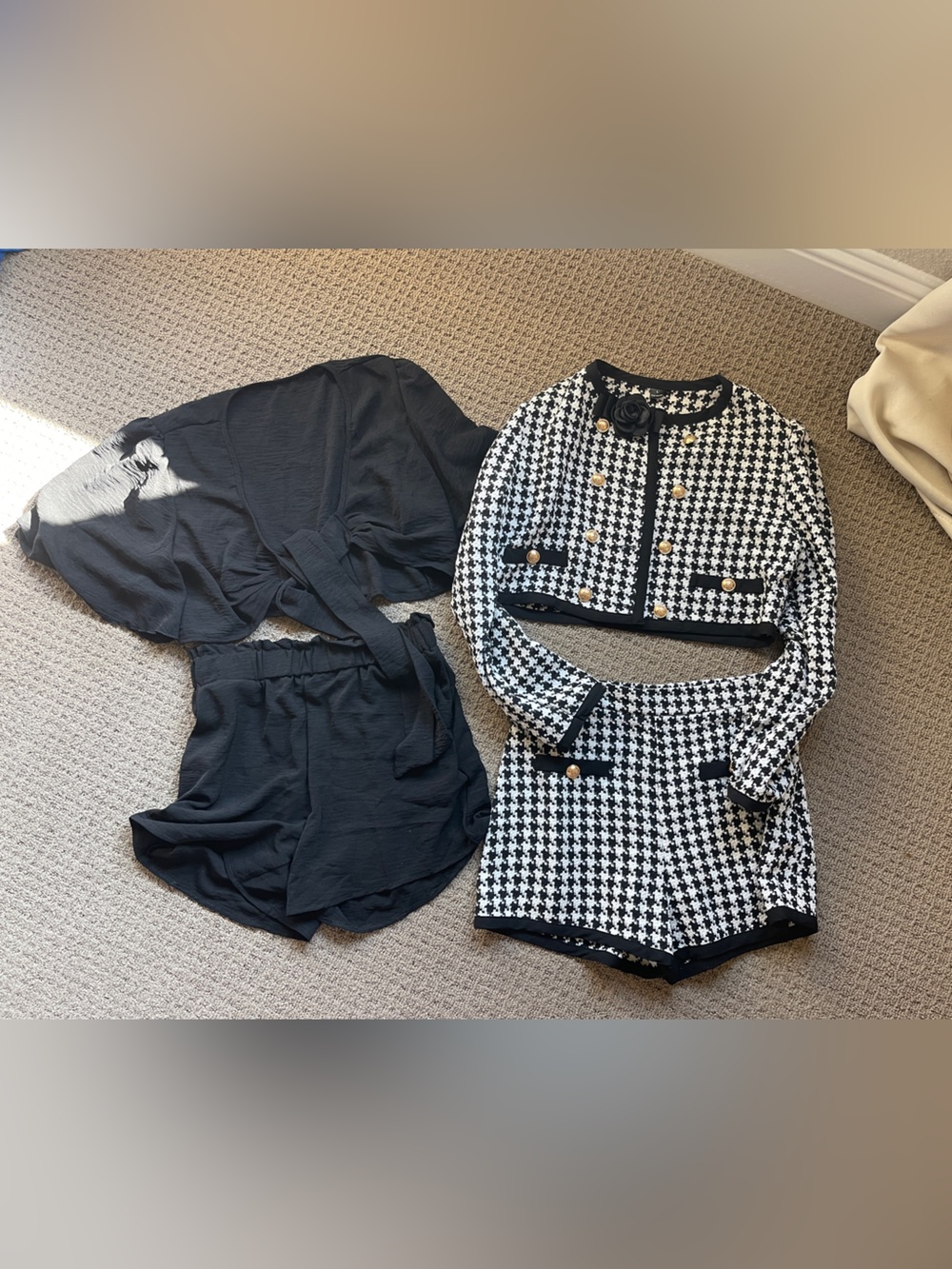 SHEIN Black & White Houndstooth Cropped Blazer and Shorts Set